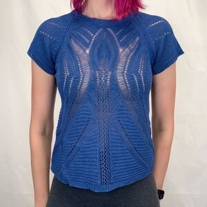 Fever Blue Crochet Knit Top Short Sleeve Sweater Women’s S
